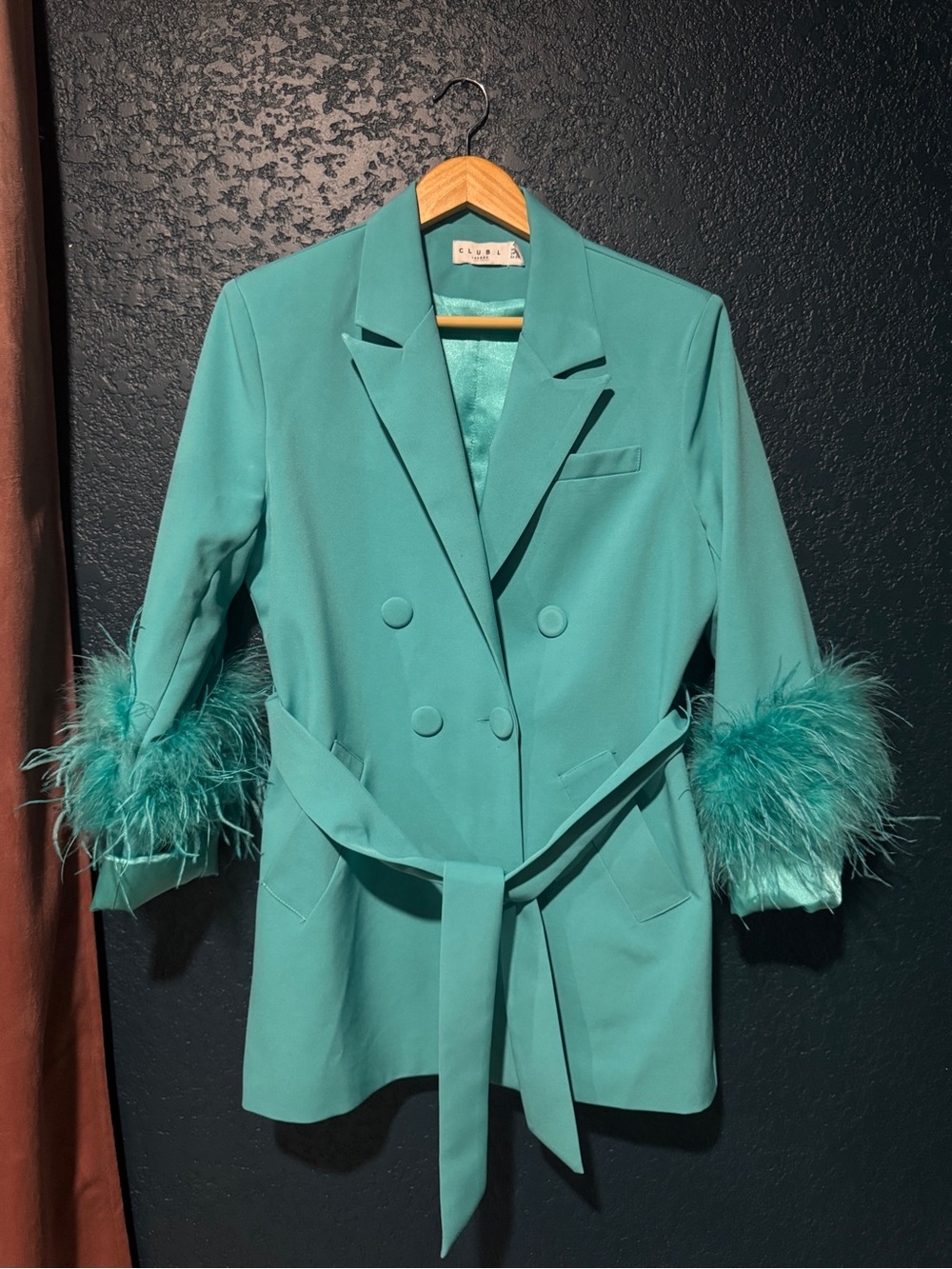 Club L London Teal Feather-Cuff Belted Blazer - Picture 3 of 5